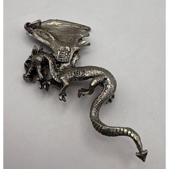 Silver Tone Large Dragon Pendant Charm Red Rhinestone Eye Mystical Fantasy - Picture 5 of 7